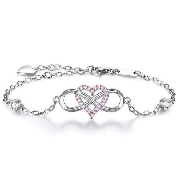 Retail $75 Heart & Infinity 925 Sterling Silver Adjustable Bracelet*PINK HEART - Picture 1 of 2